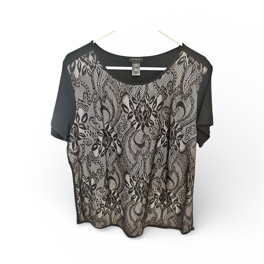 Ann Taylor Black Short Sleeve shirt Blouse XL Women Ann Taylor lace top